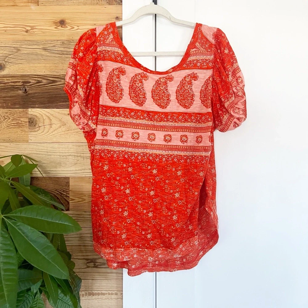 Free People Paisley Puff-Sleeve T-Shirt in Fruit Punch Combo XS
